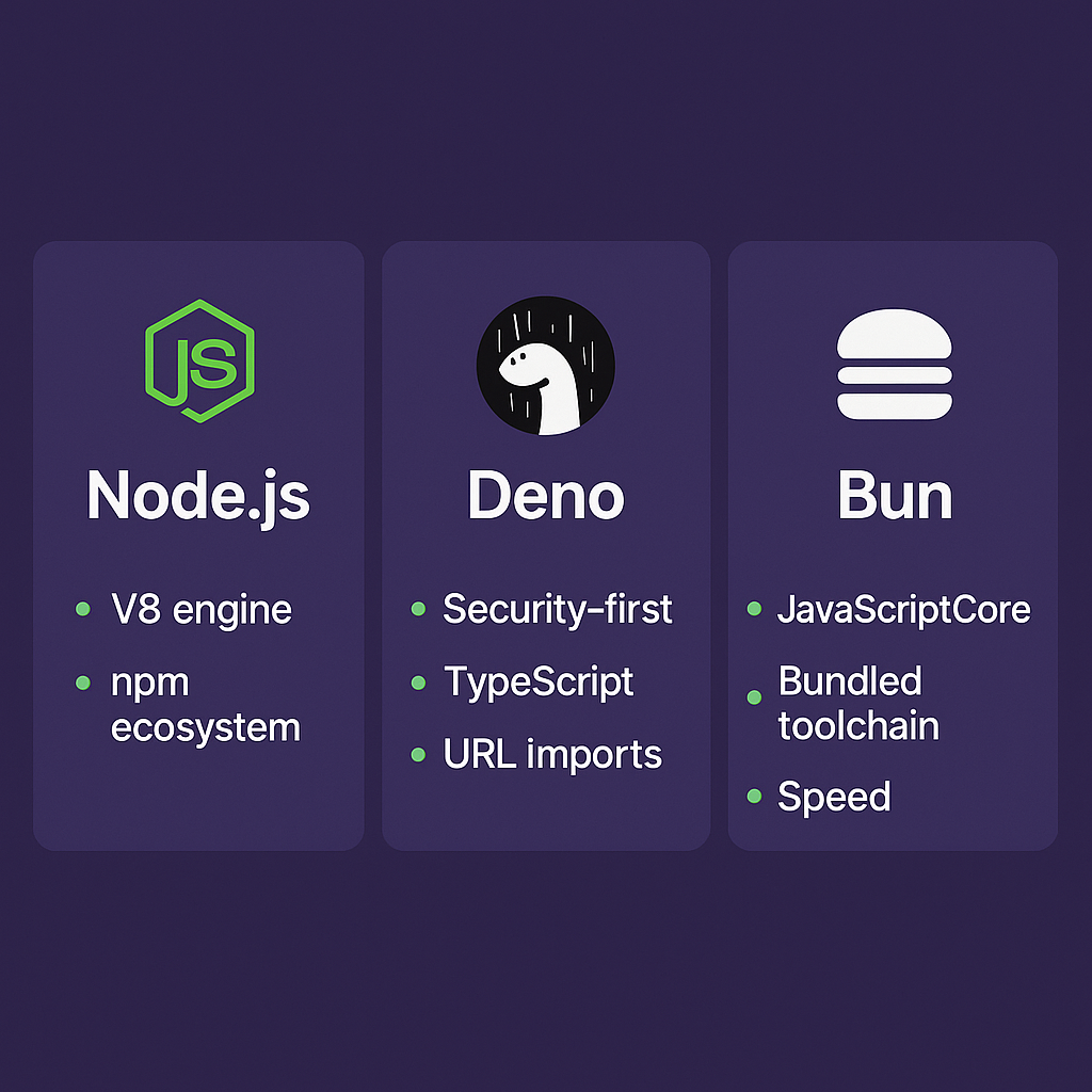 مقایسه‌ Node.js Deno Bun  سه مسیر متفاوت برای اجرای جاوااسکریپت تحت سرور